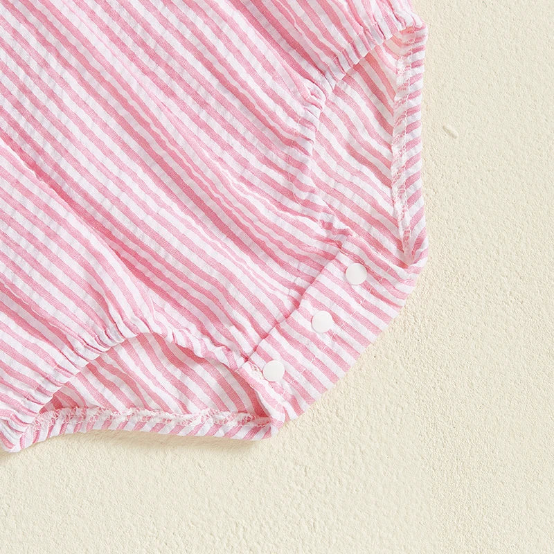 Baby Girls Easter Rabbit Embroidery Romper Dress - Striped Puff Sleeve Outfit