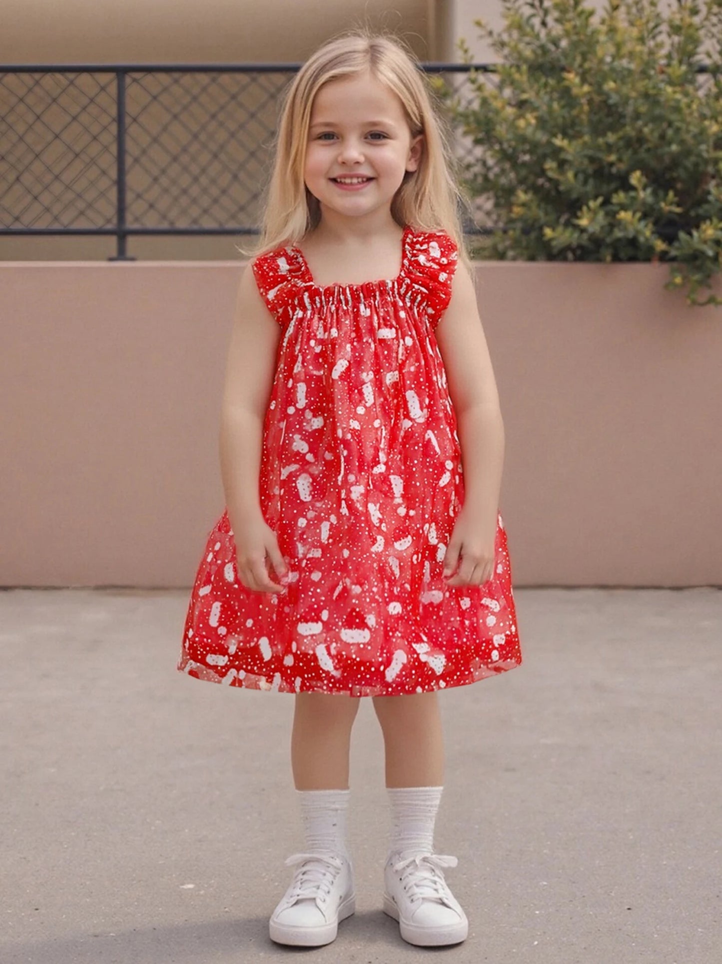 Toddler Girls' Christmas Tulle Dress - Santa Hat Print Sleeveless A-Line Party Dress