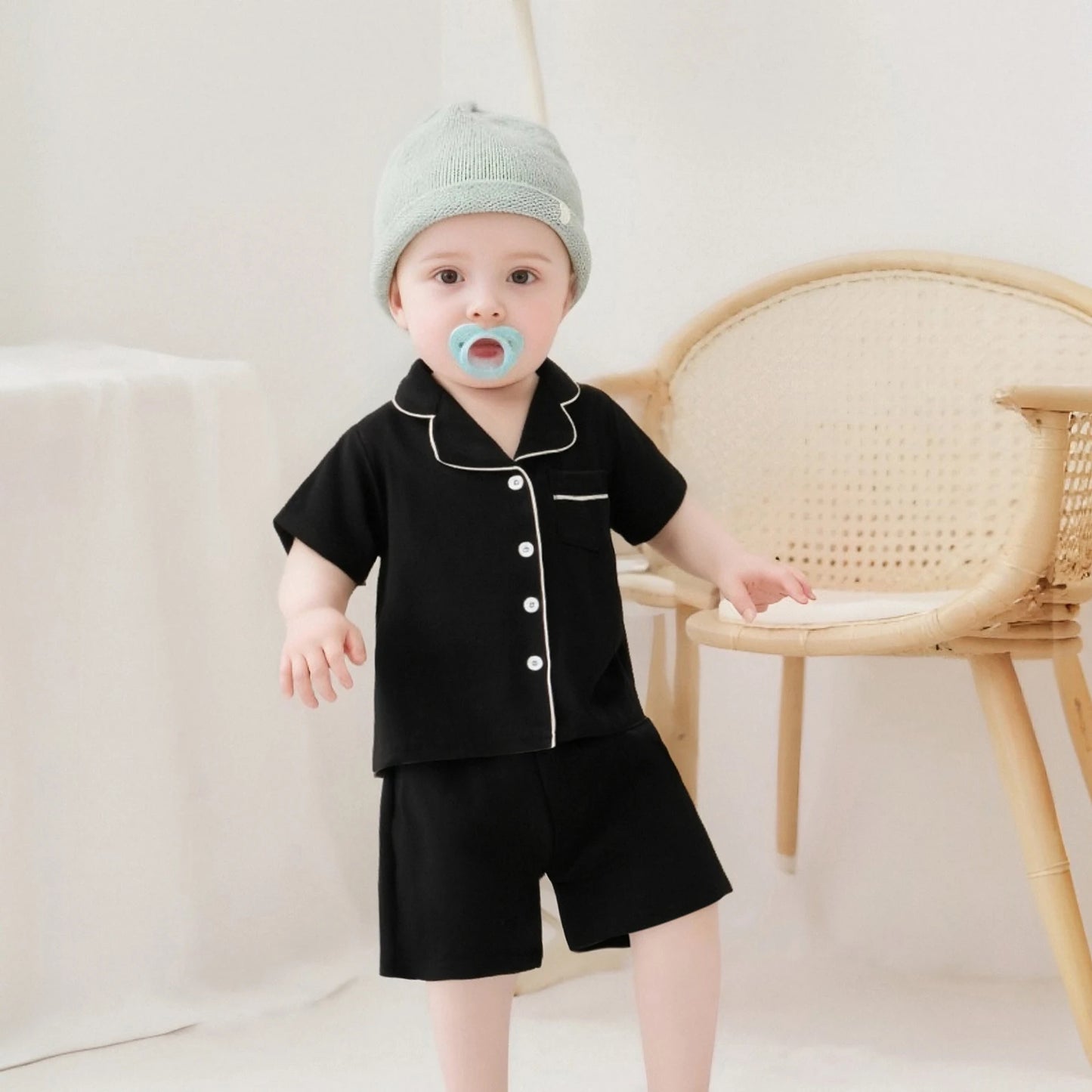 0-8Y Summer Toddler Kids Boys Girls Pyjamas Clothes Set Solid Contrast Trim Lapel Short Sleeve Button Down Tops Shorts