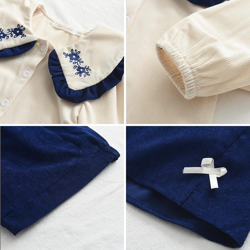 Girl's Long Sleeve Half Doll Neck Shirt Top and Bow Skirt Two Piece Set