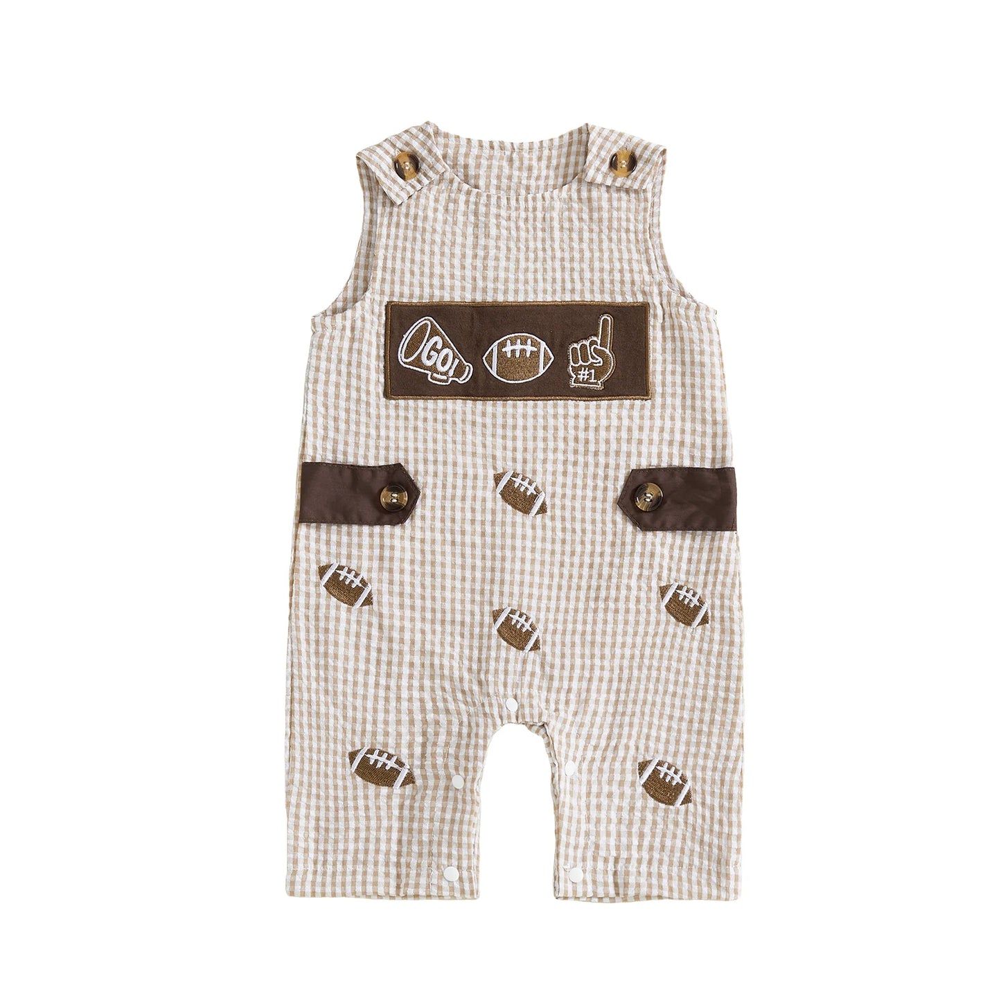 Baby Plaid Romper Overalls - Sleeveless Football Embroidery Jumpsuit (0-18M)