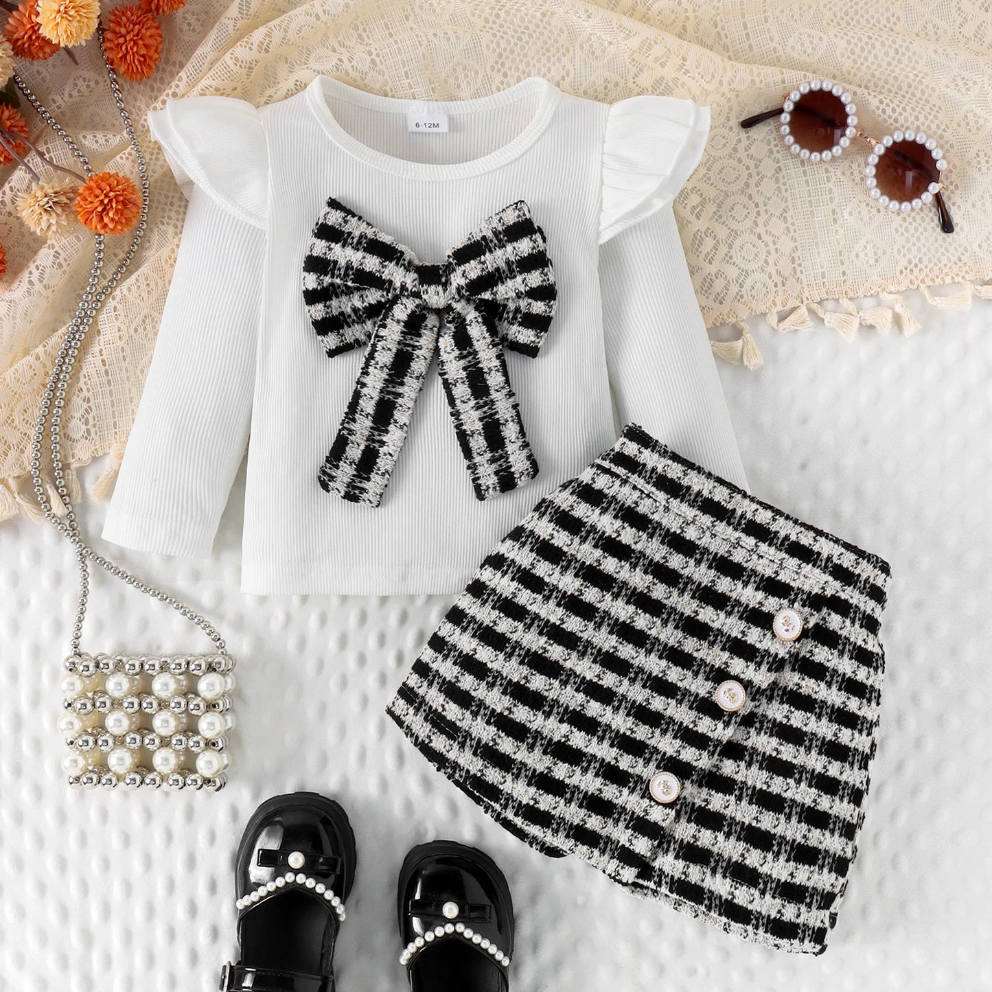 0-4Y Kids Girls Long Sleeve Bowknot Top Buttons Plaid Print A-Line Skirt