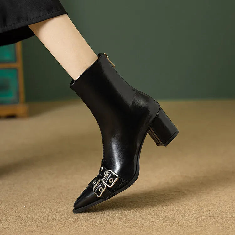 Women's Leather Metal Belt Buckle Short 6cm Square Heel Rivet Boot Back Zipper Boots