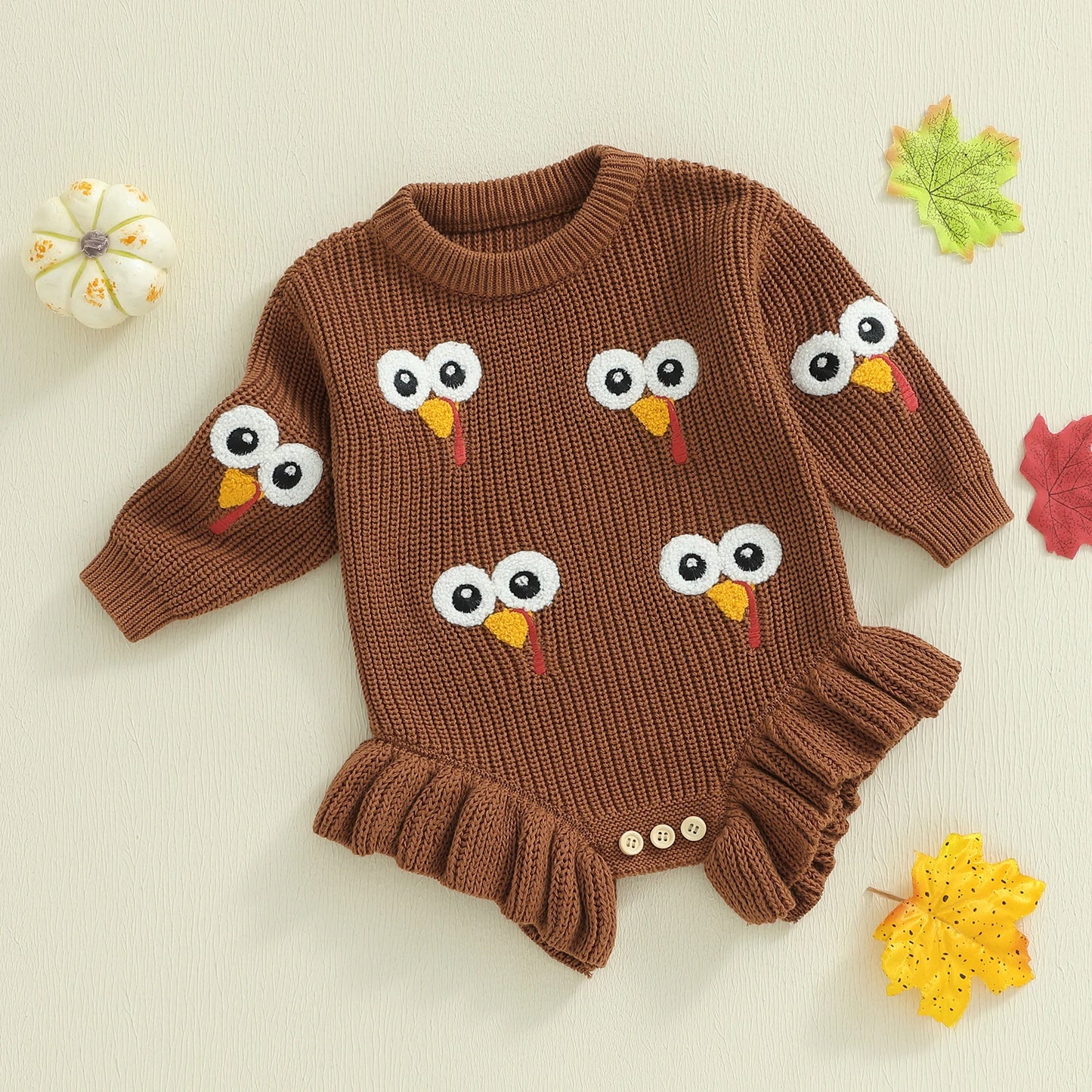 Baby Thanksgiving Knit Romper - Turkey Embroidery Long Sleeve Ruffle Bodysuit Sweater