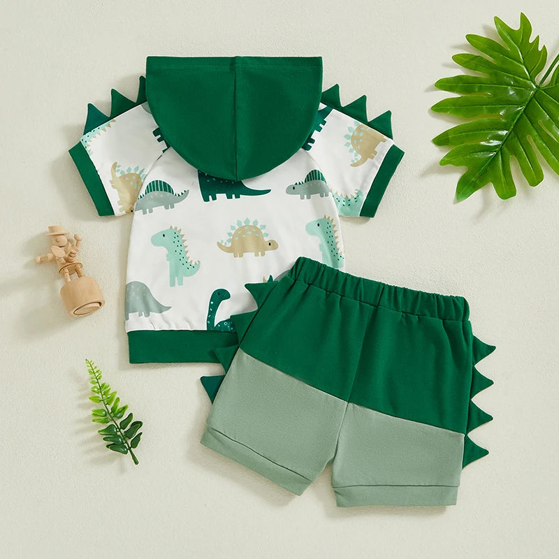 Baby Boys Dinosaur Print Summer Set - Hooded T-Shirt & Shorts (0-3Y)