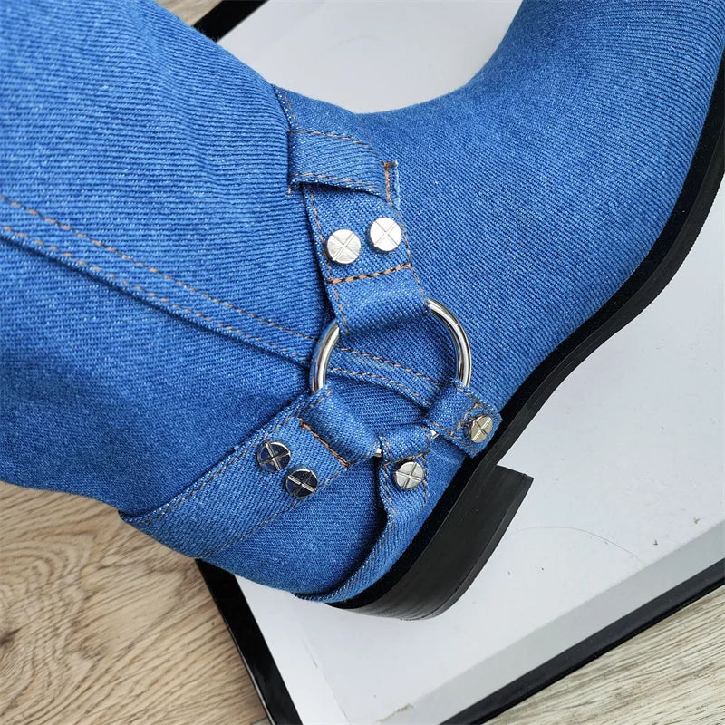 Women's Blue Cowboy Metal Ring Motorcycle Boots Belt Buckle Design 3.5cm Thick Heel Knight Boots Women's Square Head Fashion Boots 34-44