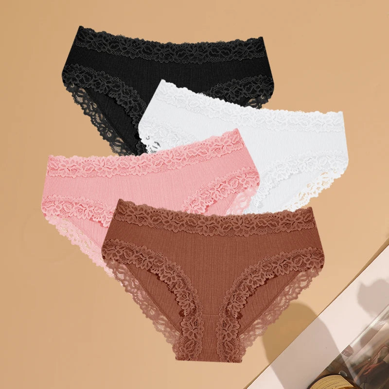 Women's Cotton Ribbed Underwear Set - 4 Pack Lace Floral Low-Waist Briefs