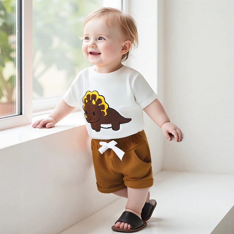 0-3Y Toddler Baby Boys Clothes Set Dinosaur Embroidery Short Sleeve T-shirts Solid Elastic Waist Shorts