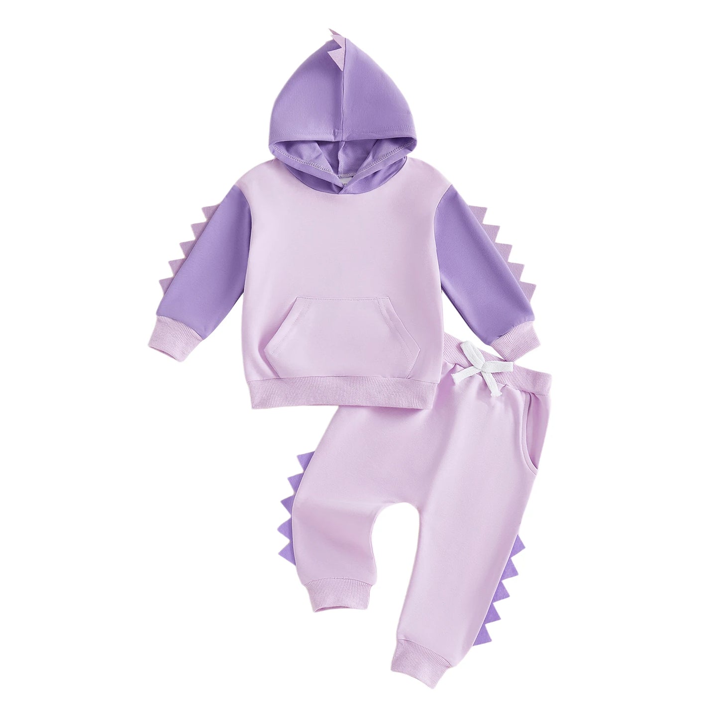 Toddler Dinosaur Hooded Outfit Set - Contrast Color Long Sleeve Top & Pants (0-5Y)