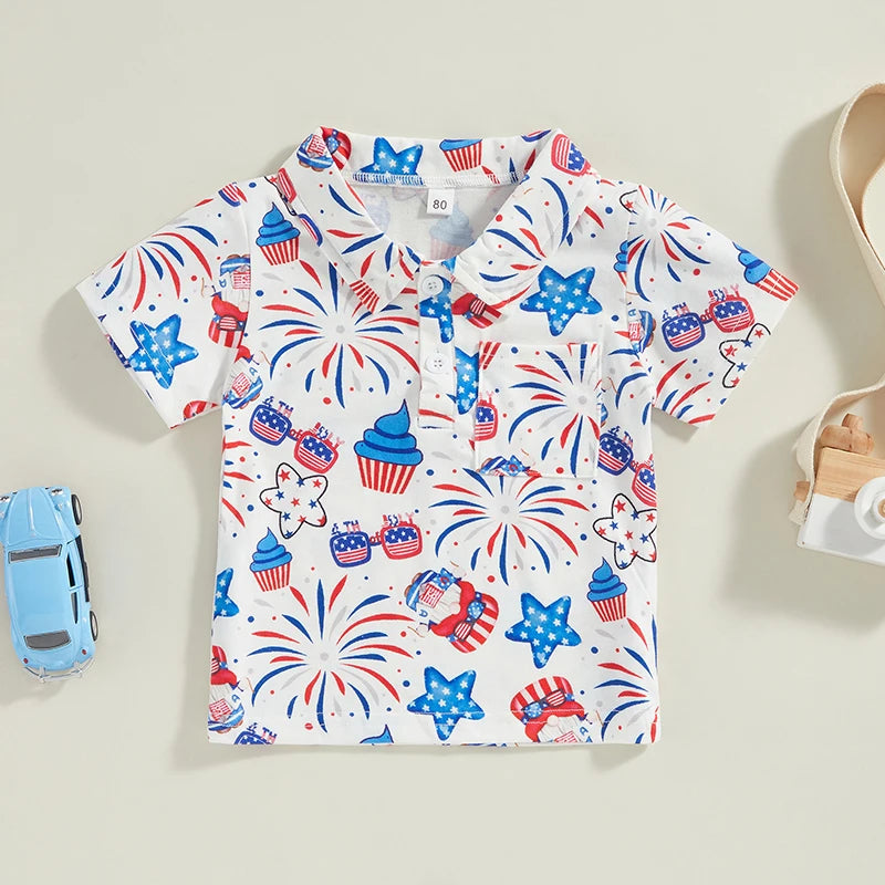 0-4Y Toddler Kids Boys T Shirt Short Sleeve Eagle/Donut/Bull/Fireworks Print Pullover Tops for Independence Day