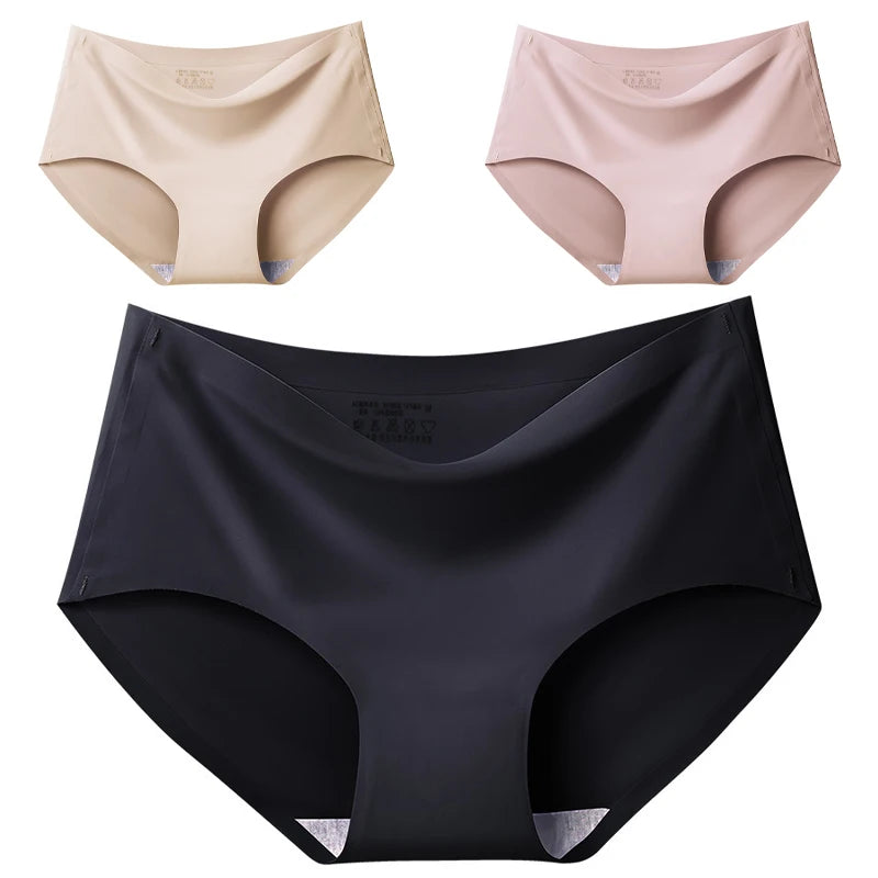 Women's 3Pcs Seamless Ice Silk Underwear Invisible Comfort Briefs Mid-waist Panties Breathable Lingerie