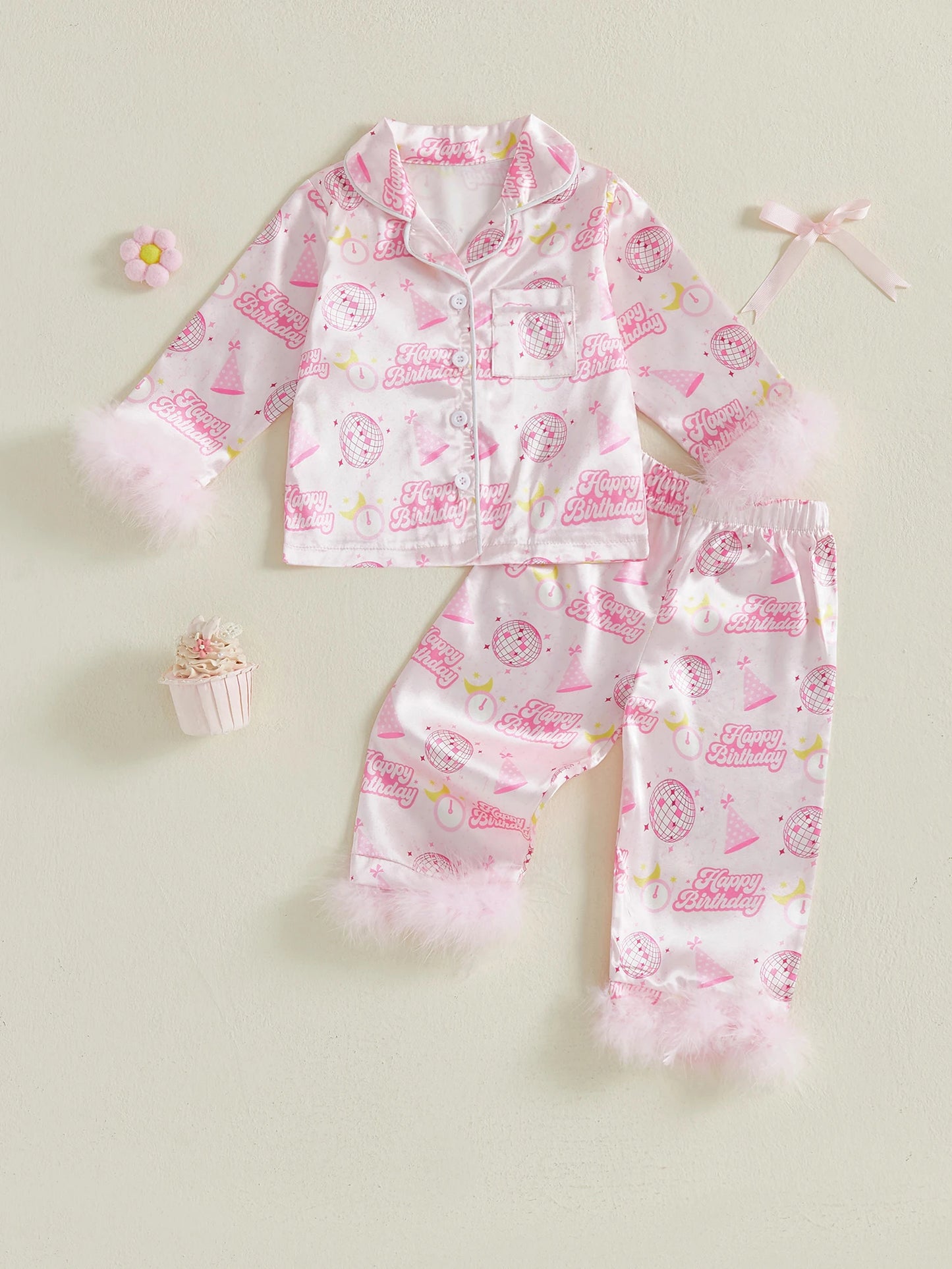 Kids Girls Pyjamas Set - Letter Ball Print Button Down Top & Pants (0-4Y)