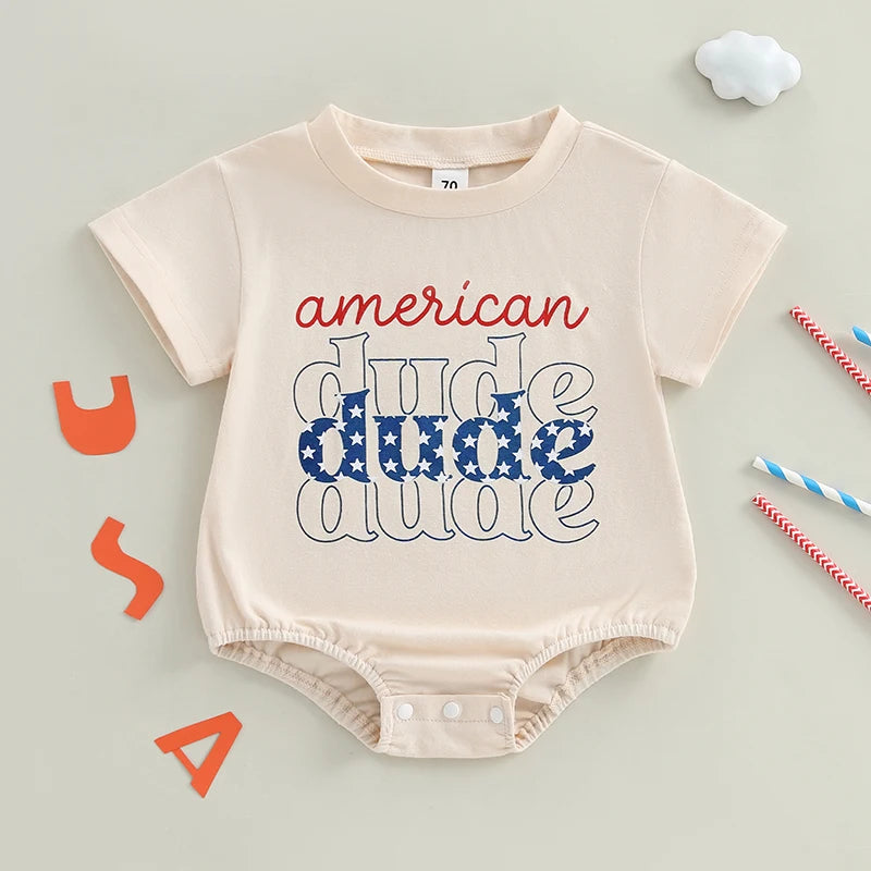0-18M Summer Baby Boys Girls Romper Short Sleeve Crew Neck Letters Star Print Jumpsuit