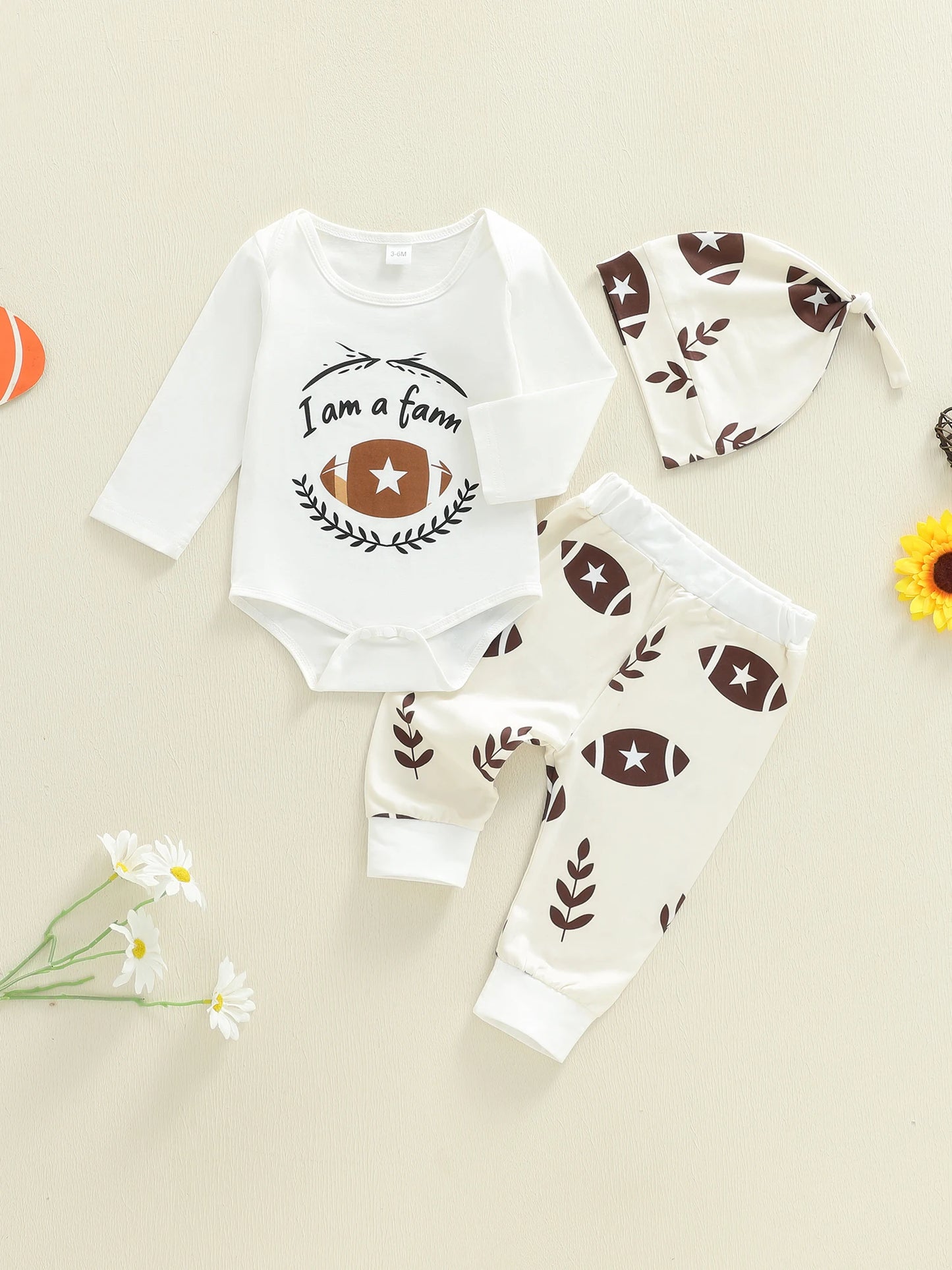 Baby Boys Autumn Winter Clothes Set - Letter Print Long Sleeve Romper, Football Leaf Pants & Hat