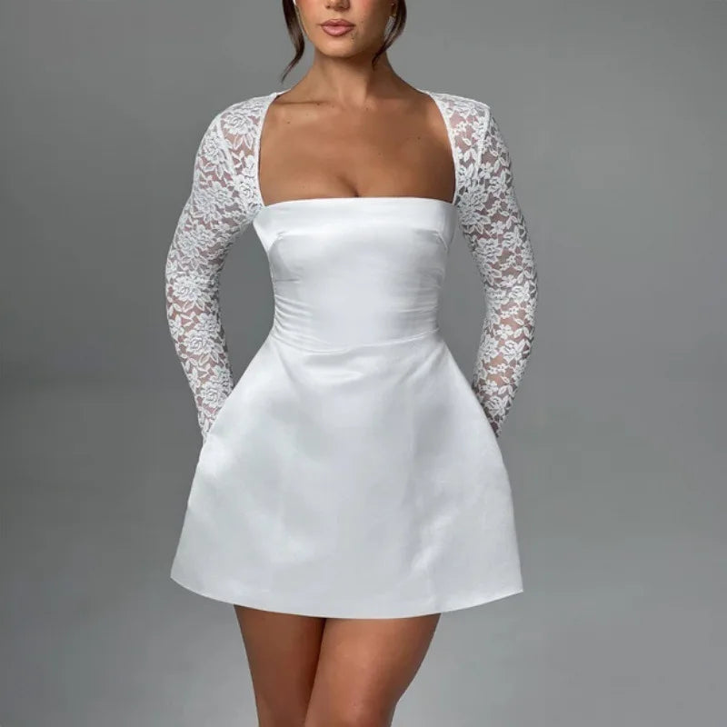 Women's Lace Long Sleeve Mini Square Collar Backless A-line High Waist Party Dress