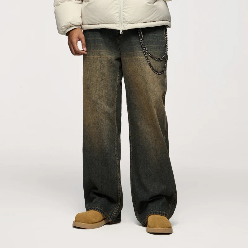 Unisex Retro Washed Jeans Stretch Straight Leg Denim Trousers