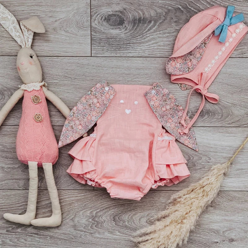 Easter Days Baby Girls Boys Romper 2pcs Cartoon Rabbit Floral Printed Sleeveless Bunny Ear Jumpsuit