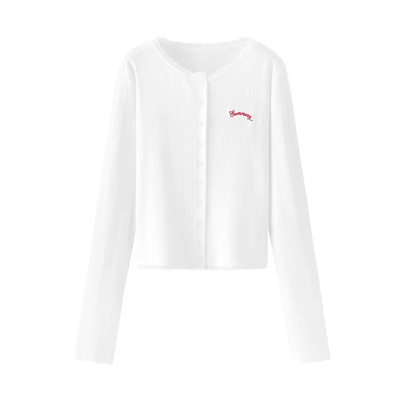 Women's Cropped Slim Fit Cardigan - Cotton Jacquard Embroidered Lace Trim