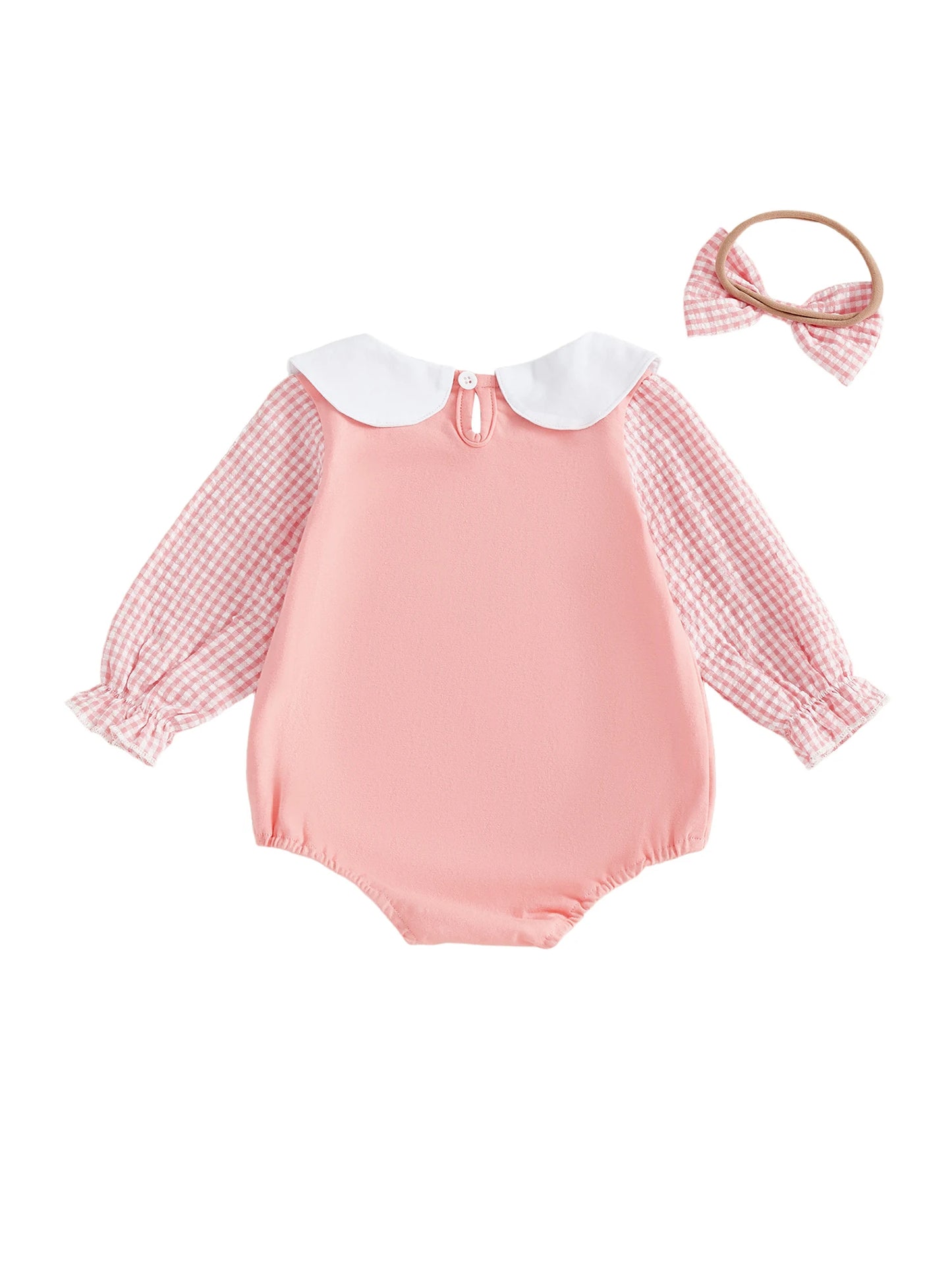 Baby Girls Boys Valentine's Day Letter Heart Embroidery Plaid Long Sleeve Doll Collar Romper