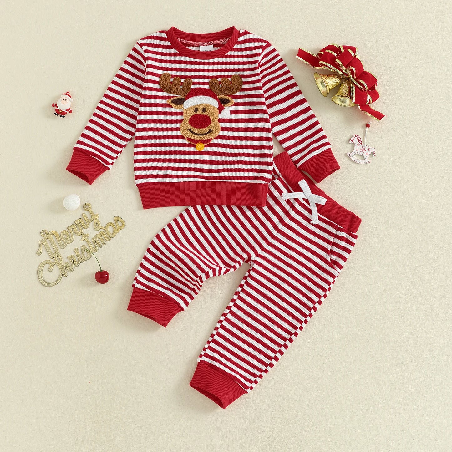Infant Baby Boys Christmas Clothes Set - Long Sleeve Deer Embroidery Striped Sweatshirt & Pants