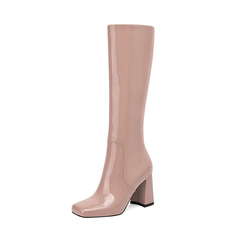 Women's Patent Leather 7cm Thick Heel Knee Side Zipper Boots