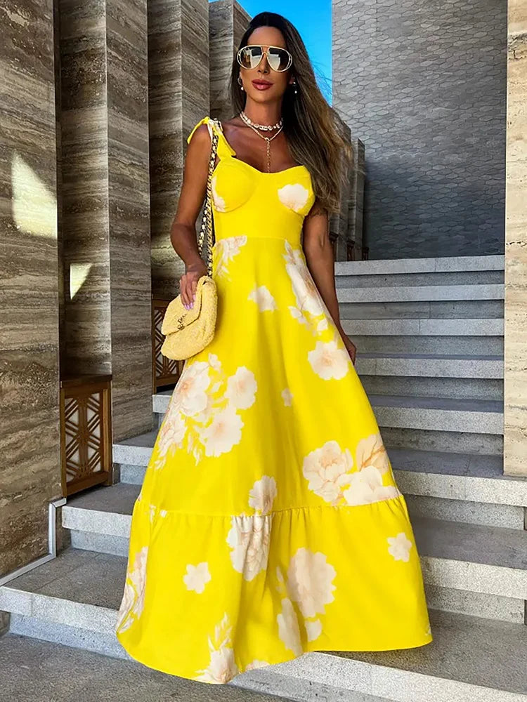 Women's Floral Printed Elegant Sleeveless Long Lace Up Robe Summer Bodycon Dress