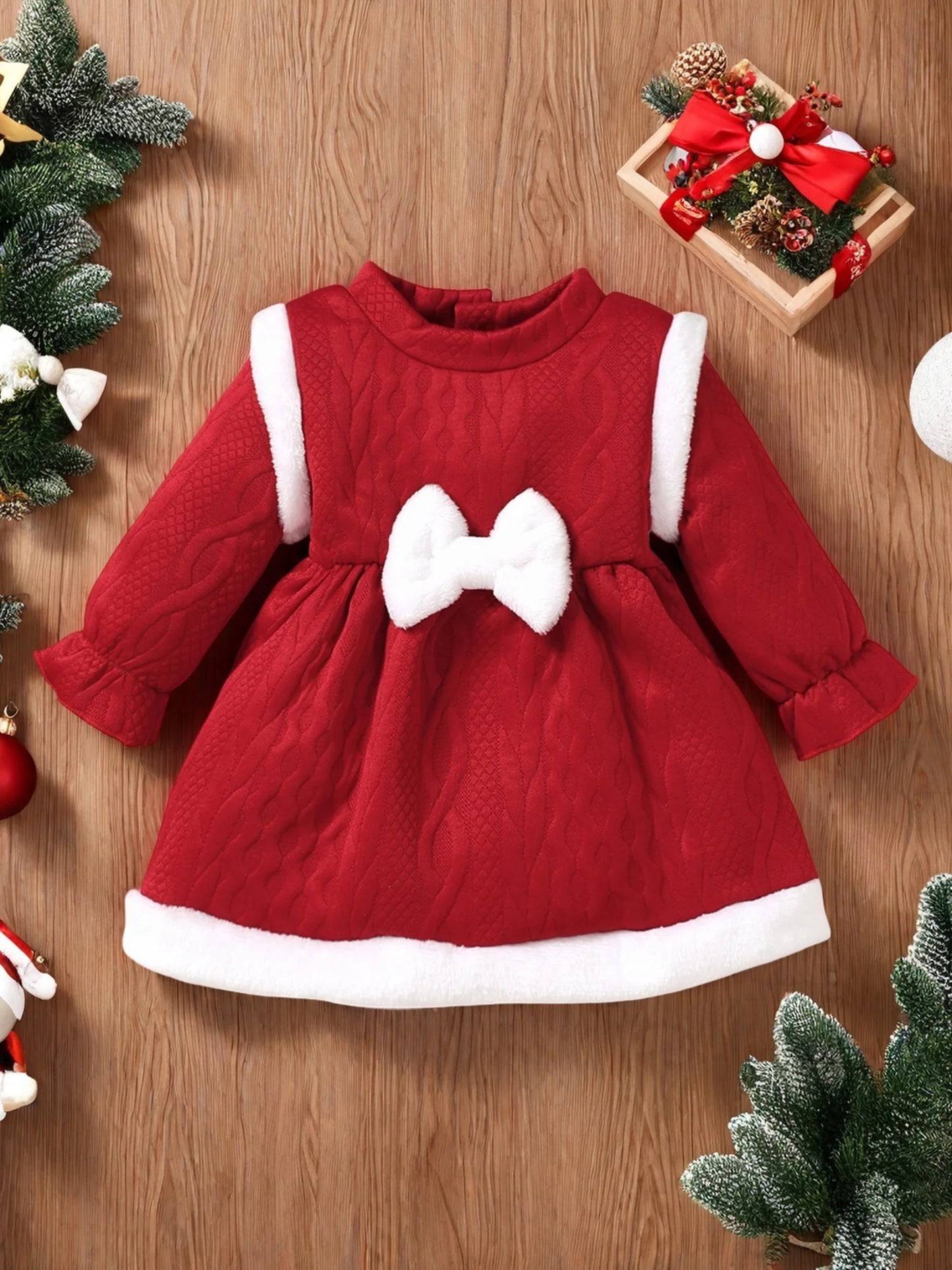Baby Girls Christmas Dress - Long Sleeve Bow Patchwork Winter Party Dress