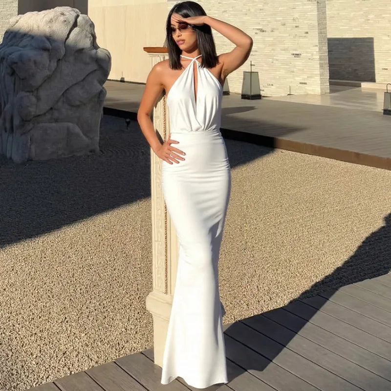 Women's Draped Cut Out Maxi Outfit Gown Backless Solid Plunge Slip Dress