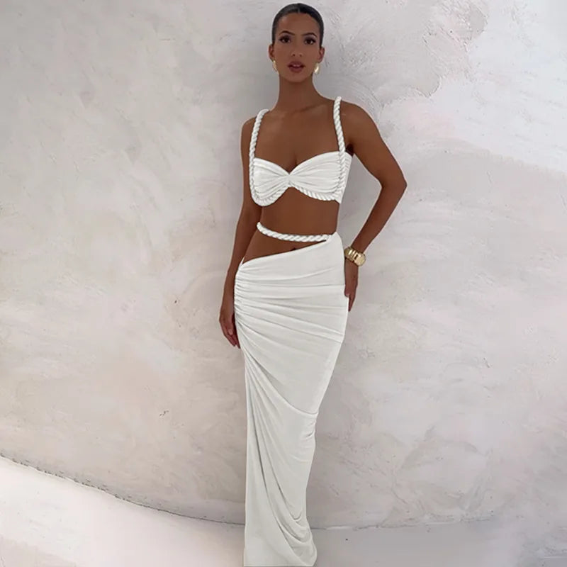 Women's Ruched Bandage 2 Piece Set Backless Decorative Cord Top and Skirt Dress Set