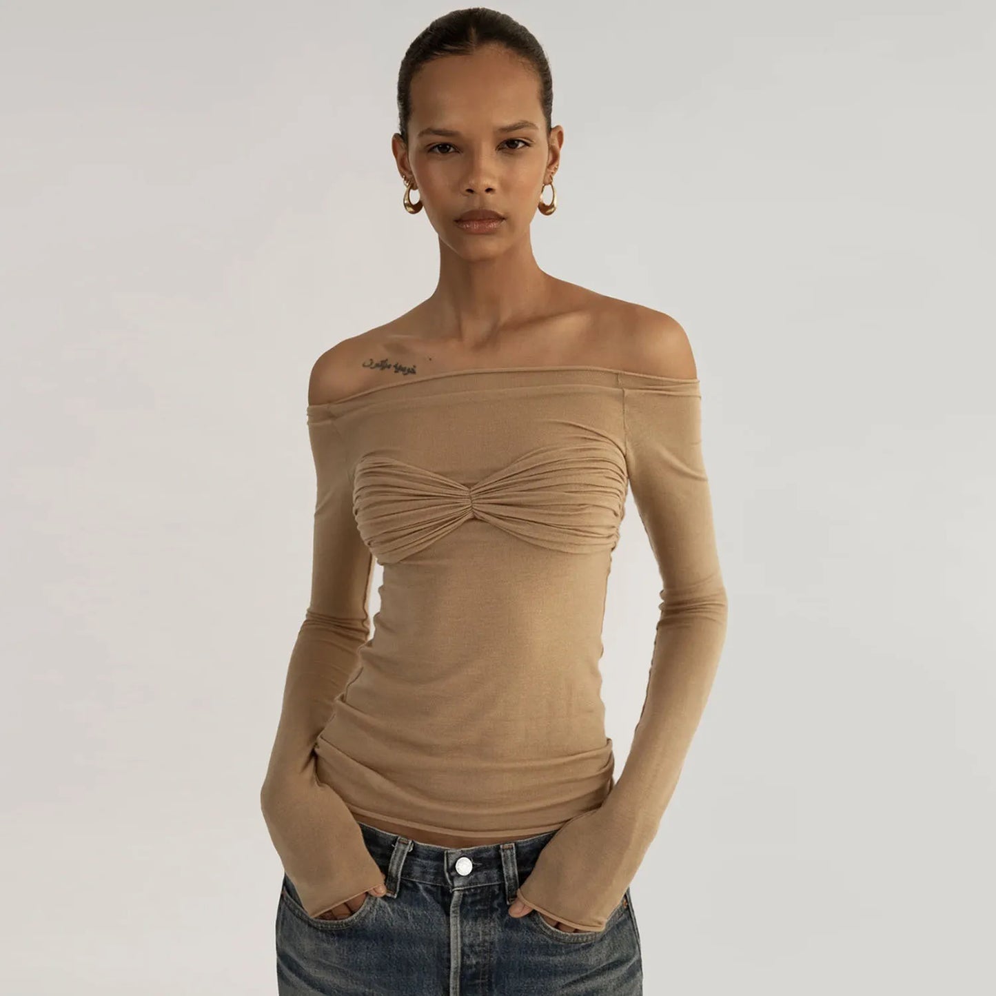 Women's Off Shoulder Ruched Knit Top - Long Sleeve Top