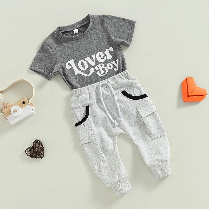 Valentine's Day Baby Boys Summer Outfit Set - Letter Print Grey T-Shirt & Pocket Pants (0-4Y)