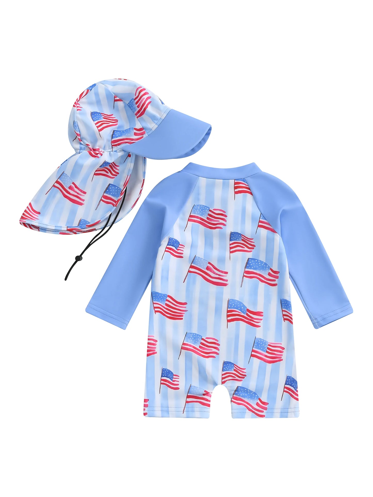 0-5Y Kids Boys Rash Guard Swimsuits Flag Print Long Sleeve Zip Up Bathing Suit with Neck Flap Sun Cap