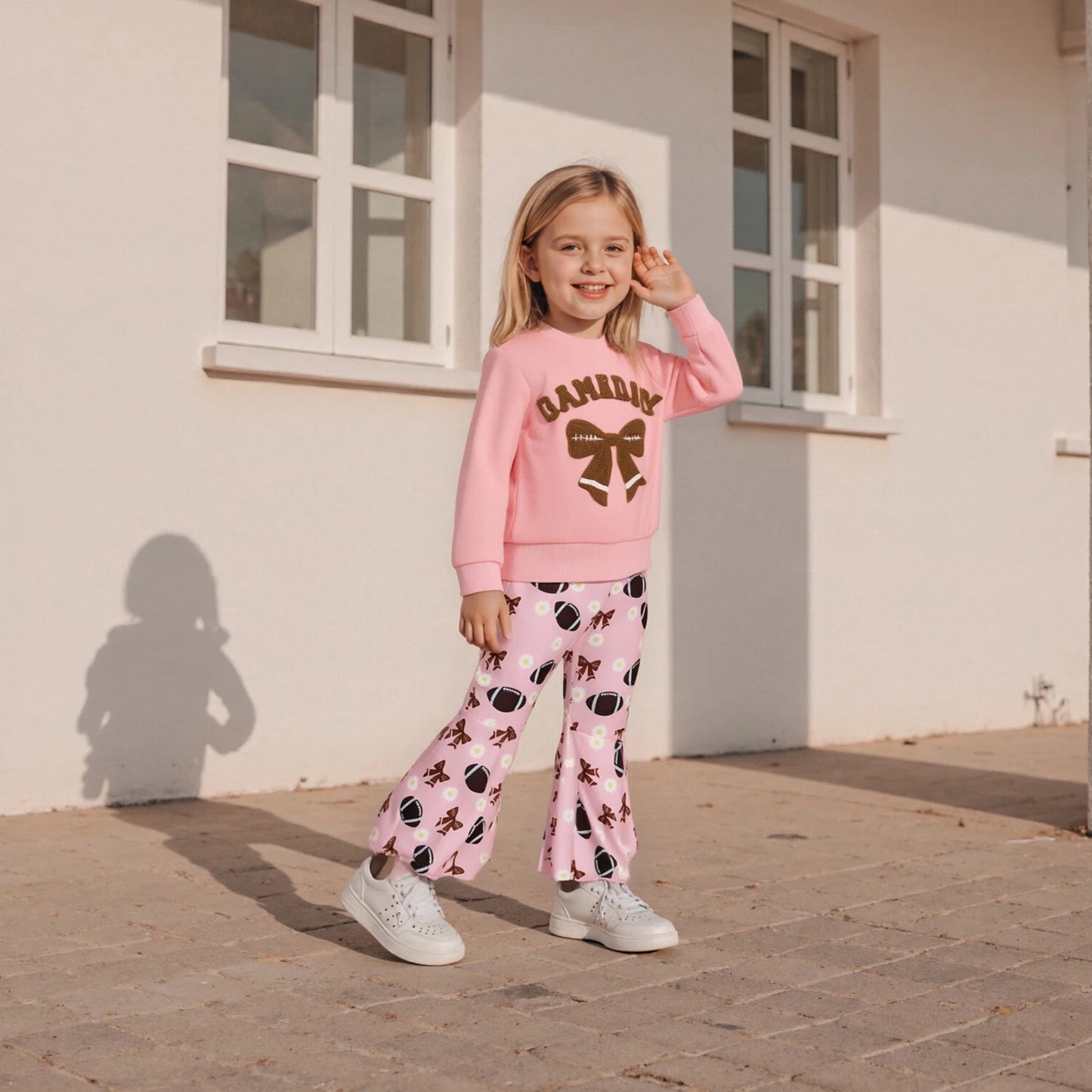 Girls Bow Embroidery Outfit Set - Long Sleeve Letter Pullover Sweatshirt & Football Flare Pants (0-4Y)