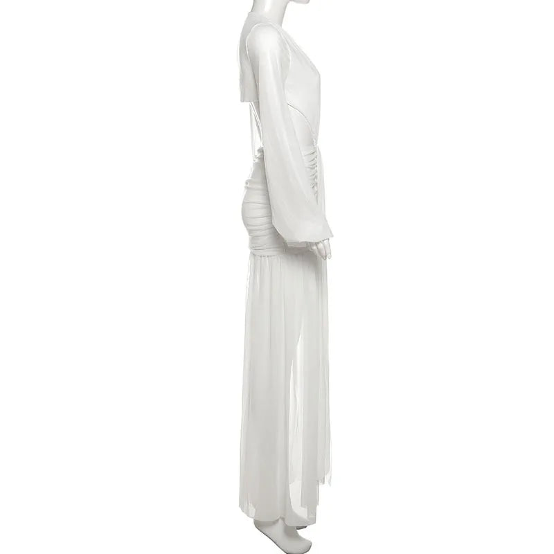 Women's Backless Draped V-Neck Maxi Dress - Ruched Mesh Long Sleeve Gown
