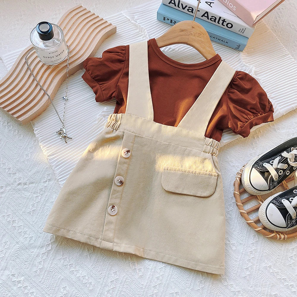 Girl's Summer Puff Sleeve T-Shirt Button Strap Skirt Two Piece Set