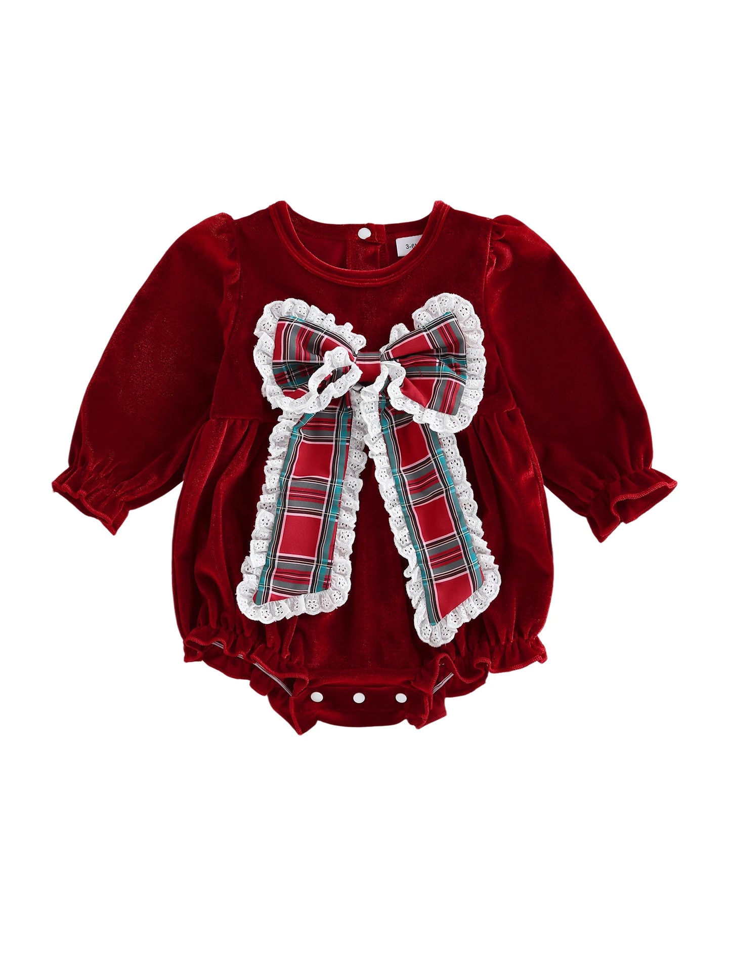 Lovely Baby Velvet Christmas Romper with Plaid Bow (0-18M)