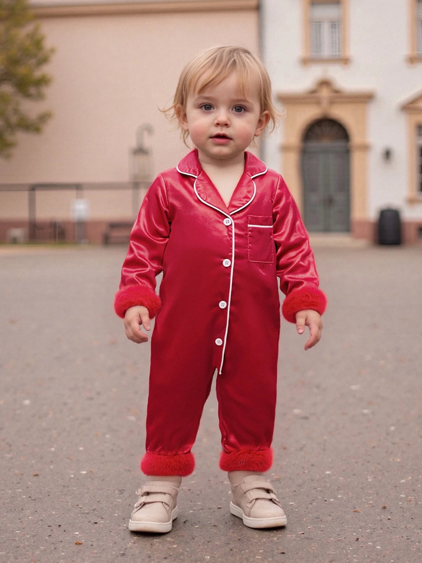 Baby Christmas Pajama Romper - Button Down with Feather Trim Cuffs