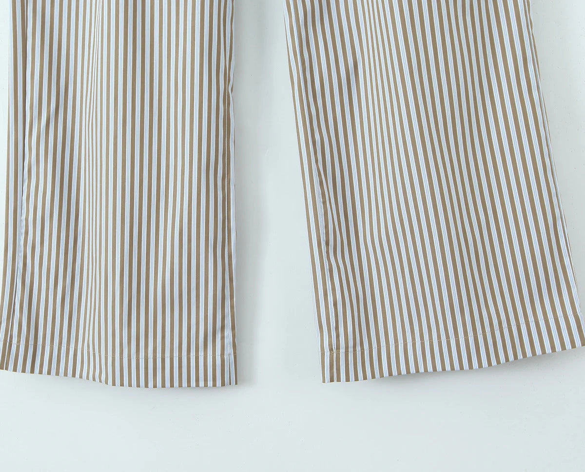 Women's Style Bow Embellished Thin Stripe Vest Top Lazy Style Loose Straight Leg Wide Leg Trousers