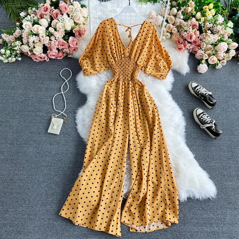 Women's V-Neck Floral Print Jumpsuit - Dolman Sleeves Wide Leg Trousers