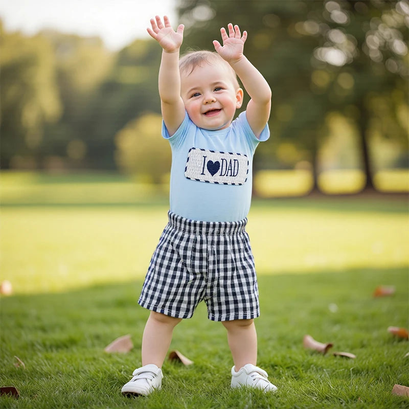 Baby Boys' Father's Day Outfit Set - Letter Heart Embroidery T-Shirt & Plaid Shorts 2pcs