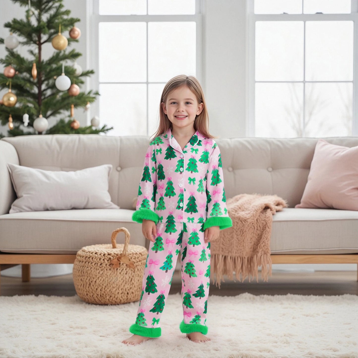 Kids Girls Christmas Satin Pyjamas Set - Tree Print Button Down Top & Pants (0-7Y)