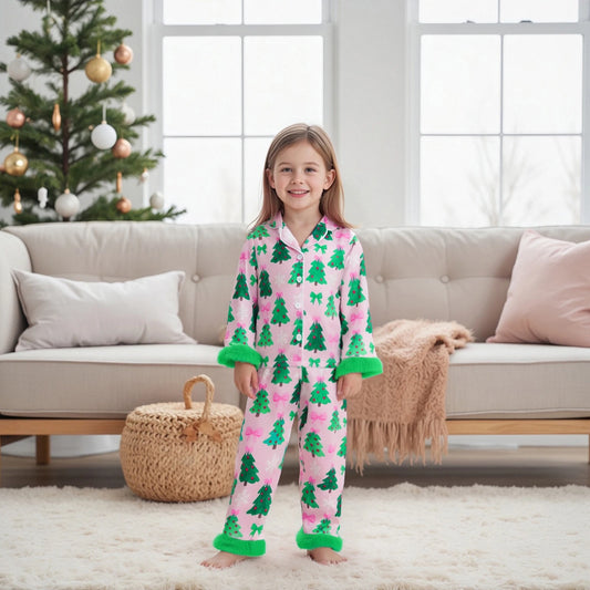Kids Girls Christmas Satin Pyjamas Set - Tree Print Button Down Top & Pants (0-7Y)