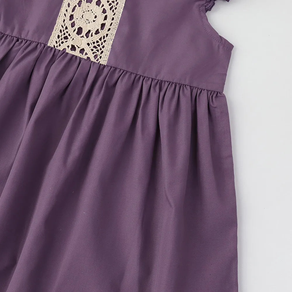 Girls Purple Lace Dress - Flying Sleeve Summer Dress with Patchwork Detail
