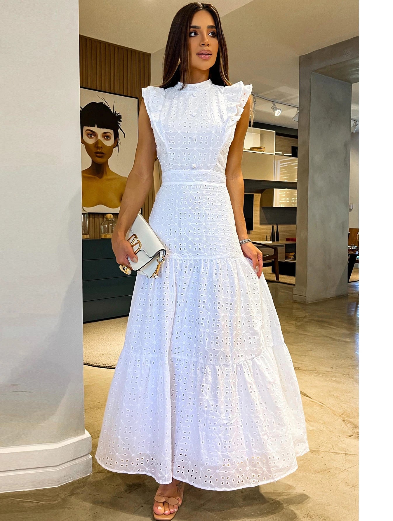 Women's Bohemian Hollow Out Elegant Round Neck Flying Sleeve Button Long Summer Dress