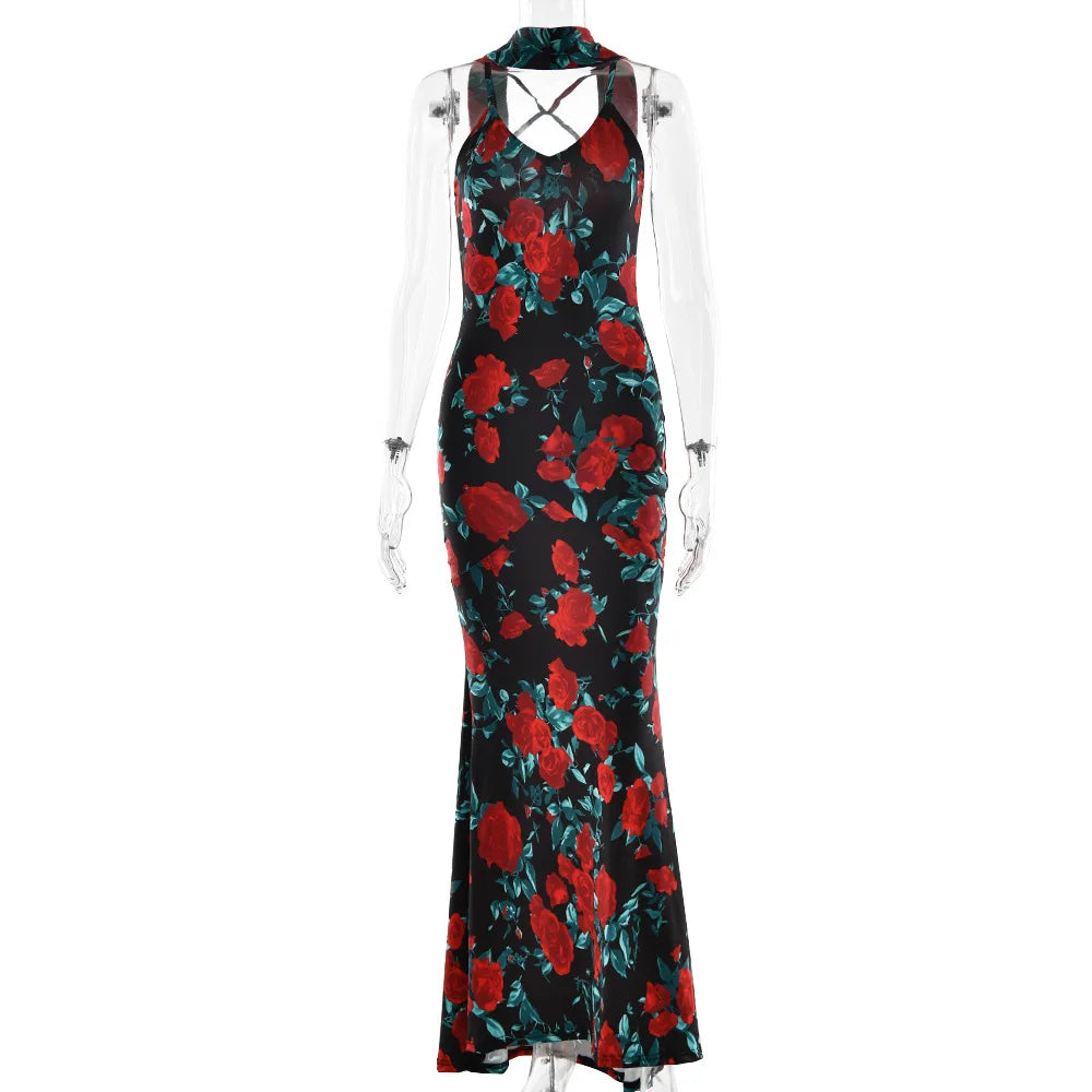 Women's Floral Print V Neck Scarf Draped Maxi Summer Backless Outfit Party Dress