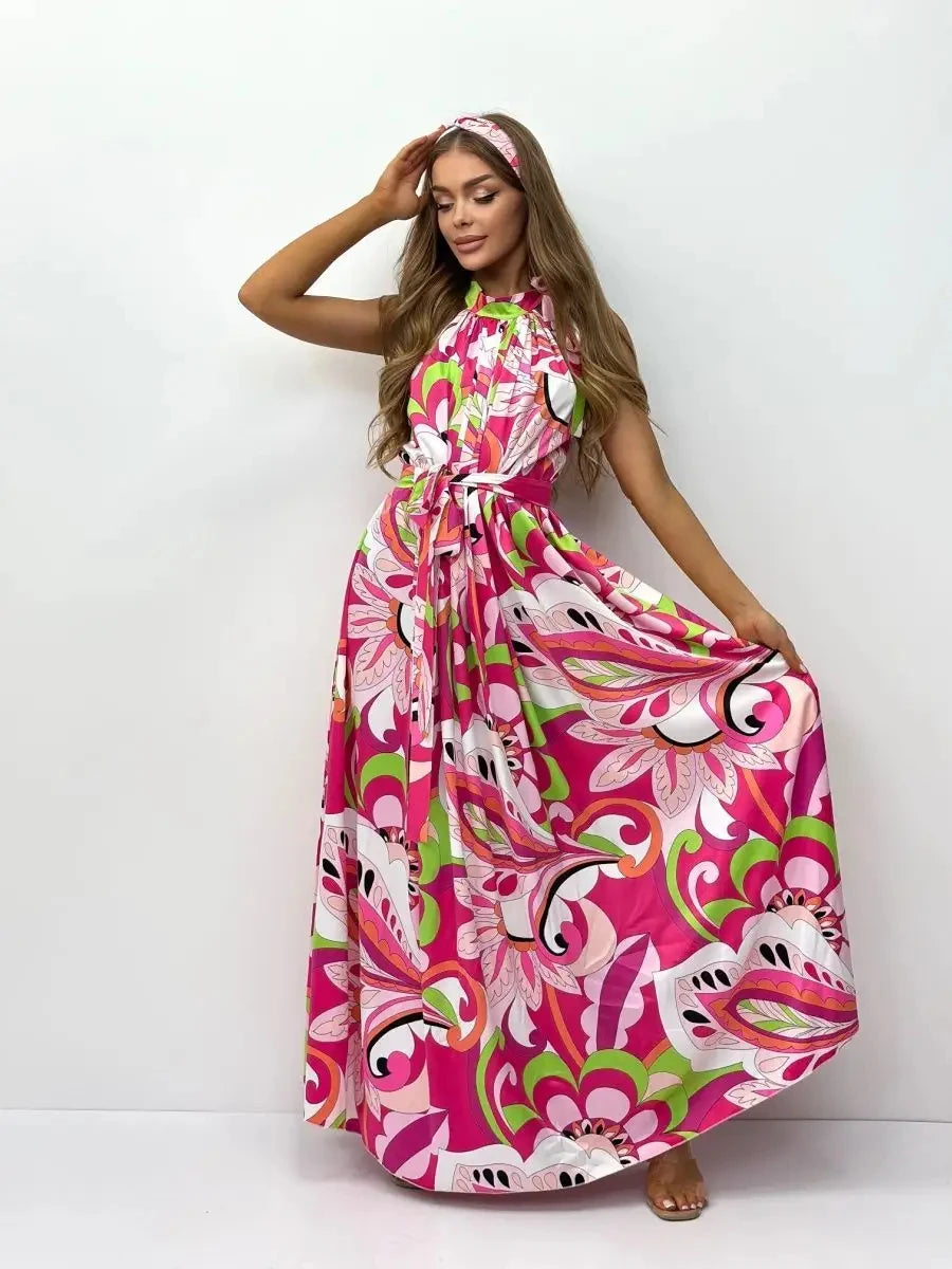 Women's Elegant Floral Printed Long Halter Beach Dress Loose Summer Bikini Cover Up