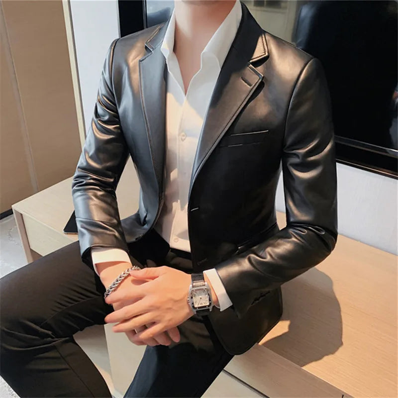 Men's Turn Down Collar PU Leather Blazer Jacket