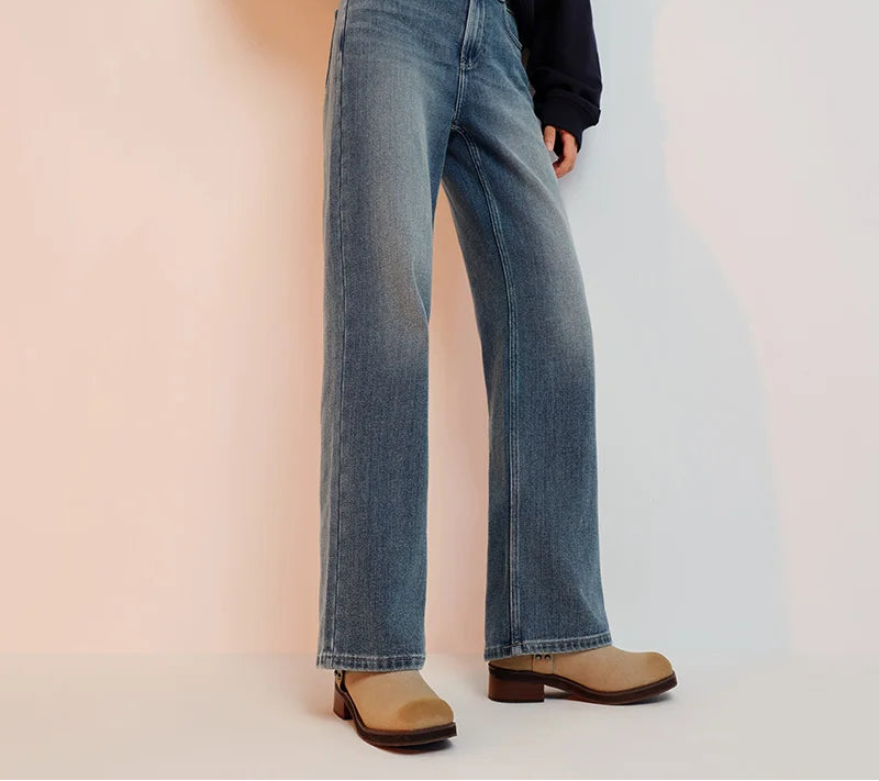 Women's Wide Leg Brushed Denim Jeans - Loose Fit Winter Warm Long Pants