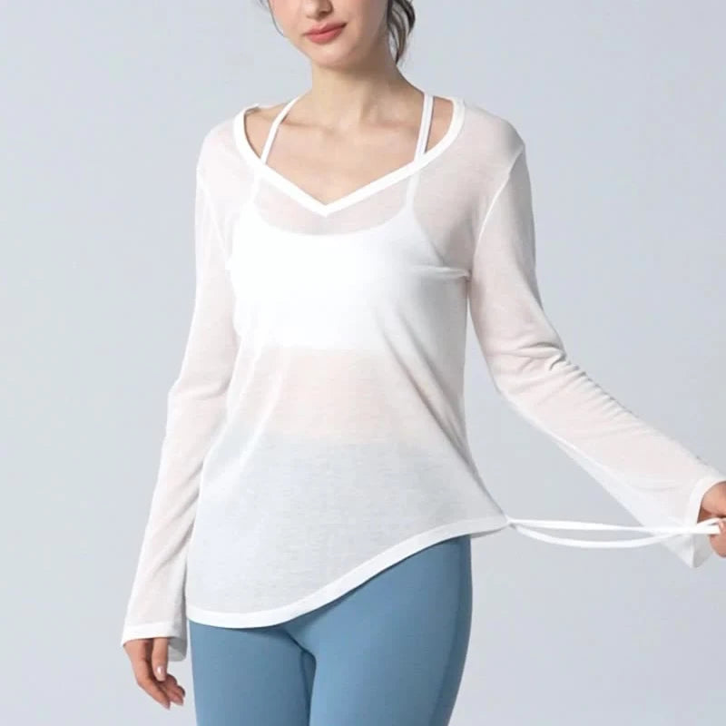 Women's Loose Running Top Long Sleeve Yoga Shirt V-Neckline Workout Blouse Sportswear Workout Clothes