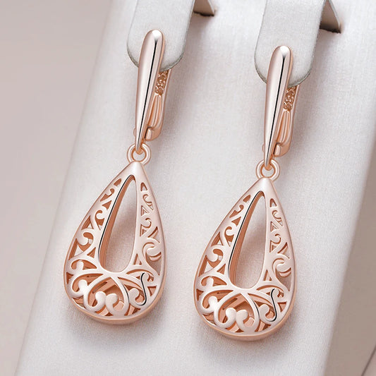 Glossy Rose Gold Dangle Earrings - Elegant Flower Design for Daily Wear